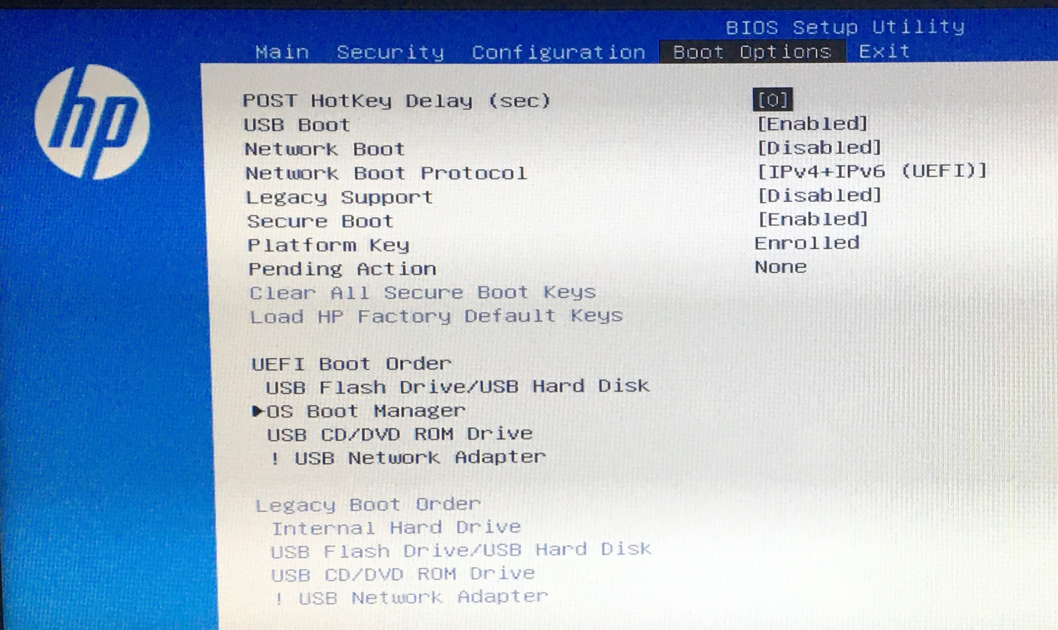 HP BIOS with Boot Order